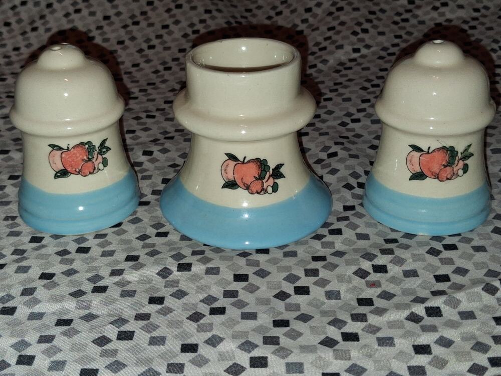 Vintage Blue and White Salt & Pepper Shakers w/ Apple Pattern and Candle Holder